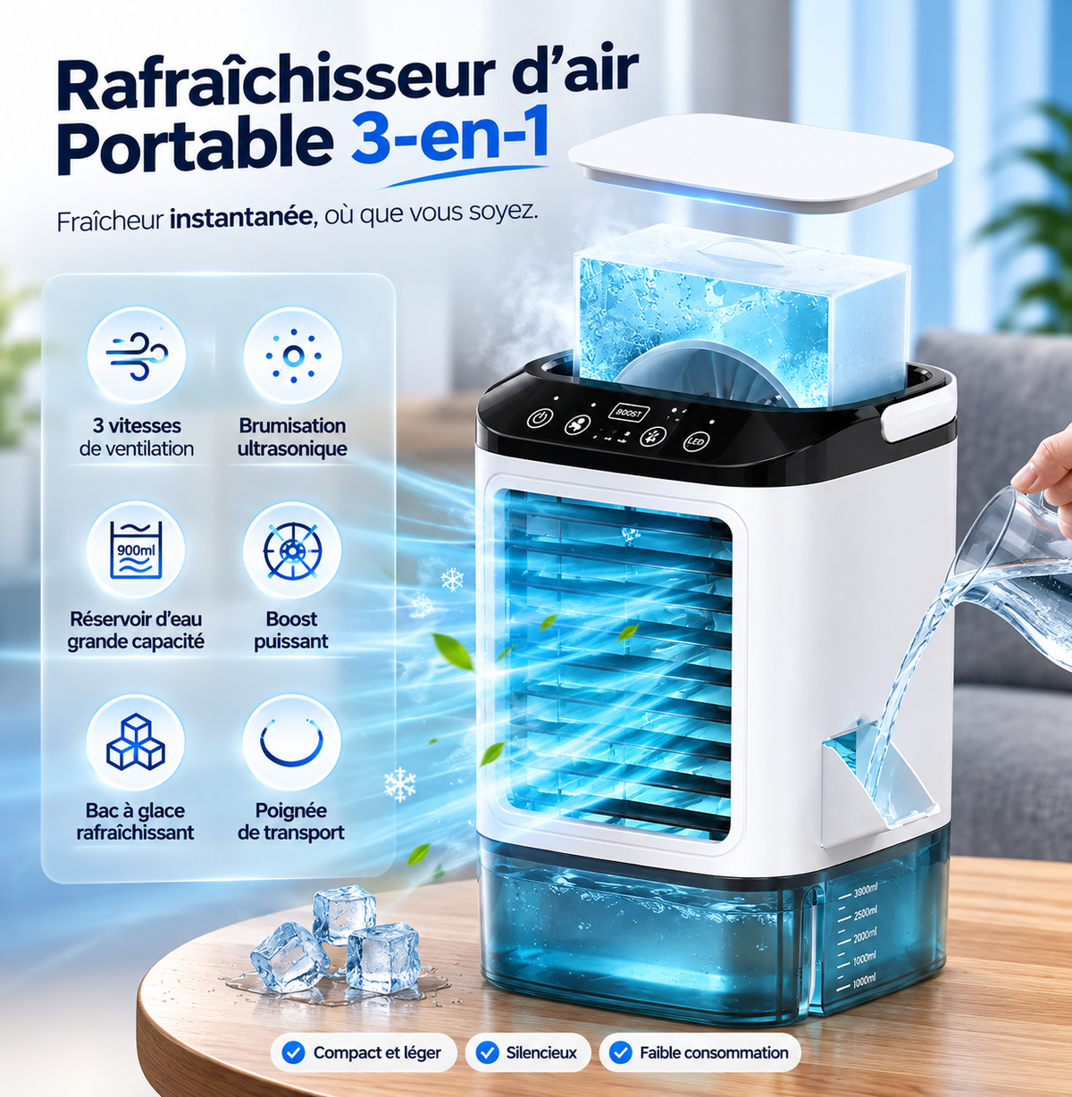 Ventilateur brumisateur d'intérieur 900 ml, 3 vitesses