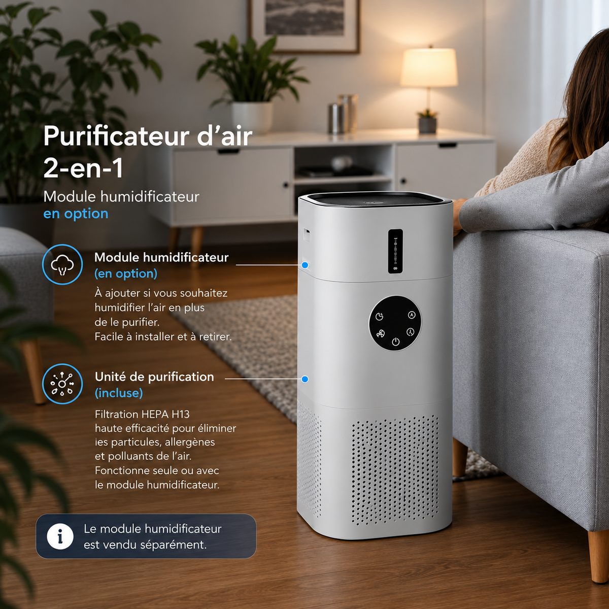 Purificateur d’air avec humidificateur intégré 2-en-1